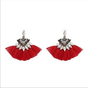 Jeweled, Red Tassel, Antique Gold Earrings